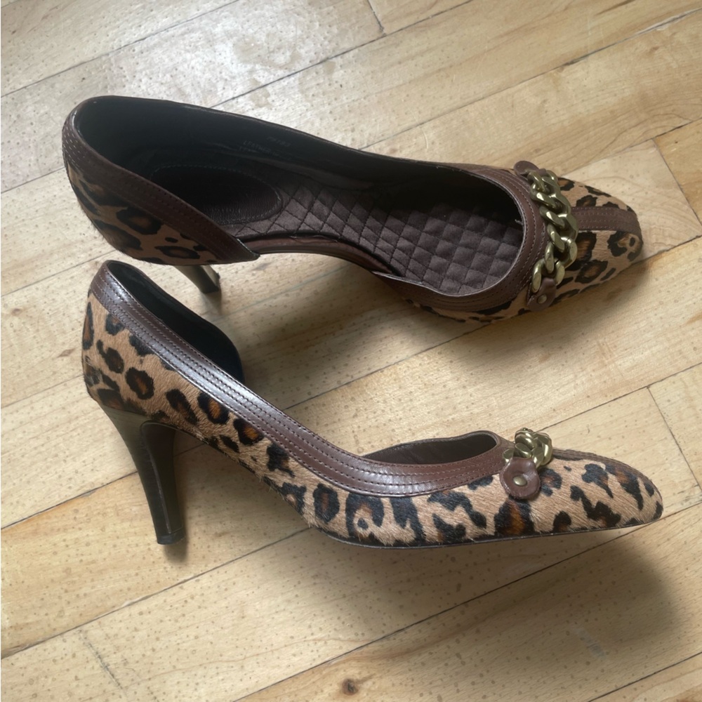 J. Crew cheetah heels Womens size 7 leather gold chain detail fur quilted‎